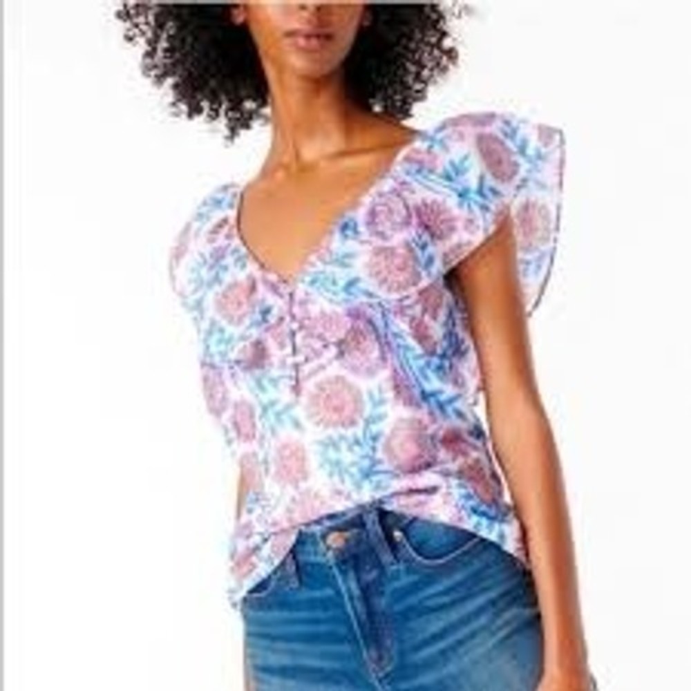 J.Crew Womens Block Print Floral Ruffle V-Neck Cotton Top Pink Blue XXS